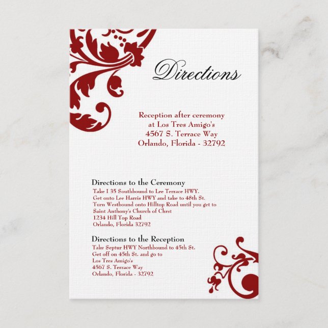3x5 Directions Card Crimson Red Floral Filigree (Front)