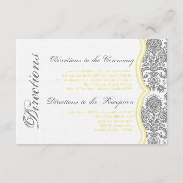 3x5 Directions Card Grey Yellow Damask Lace Print (Front)