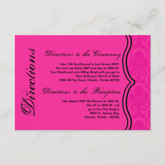 3x5 Directions Card Hot Pink Bla Damask Lace Print (Front)