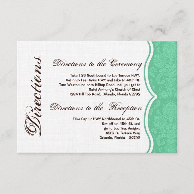 3x5 Directions Card Mint White Damask Lace Print (Front)