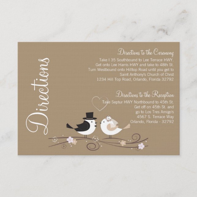3x5 Directions Card Wedding Birds Bride Groom Love (Front)