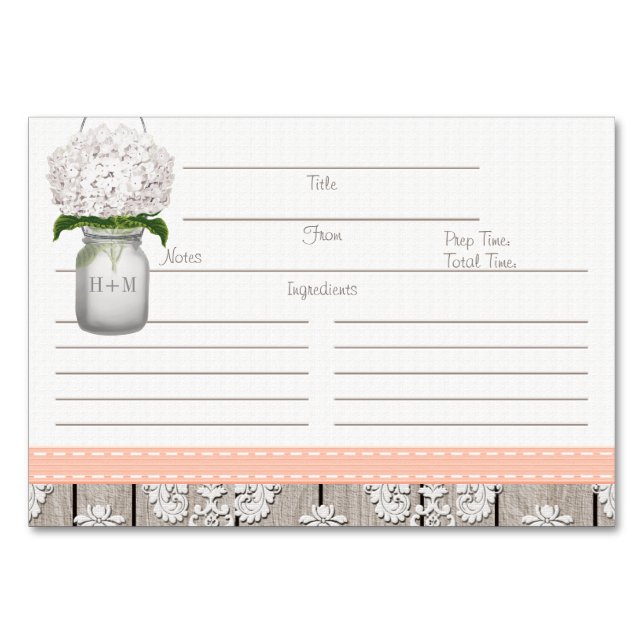3x5 Peach Hydrangea Mason Jar Recipe Cards (Front)