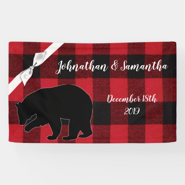 3'x5' Personalised Banner Red Buffalo Plaid Bear (Horizontal)