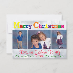 3x5Colorful Merry Christmas Silver Lights 3 Photos Invitation