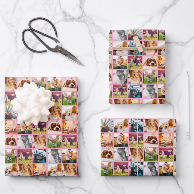 3x Sheets 10 Photo Template Pink Wrapping Paper (Front)