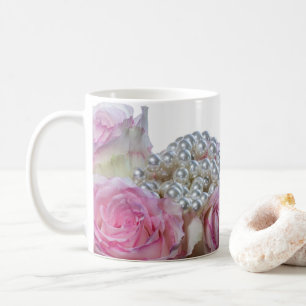 4008-Pink & White Roses with Pearls Coffee Mug