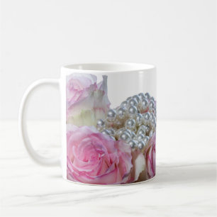 4008-Pink & White Roses with Pearls Coffee Mug