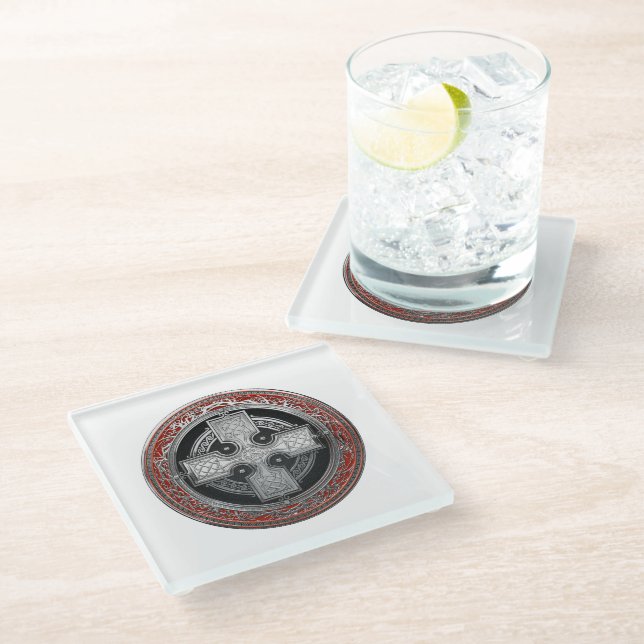 [400] Ancient Celtic Sacred Silver Knot Cross Glass Coaster (Angled)