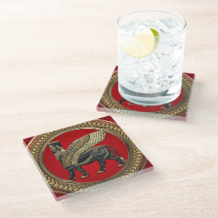 [400] Assyrian Winged Bull: Gold and Black Lamassu Glass Coaster
