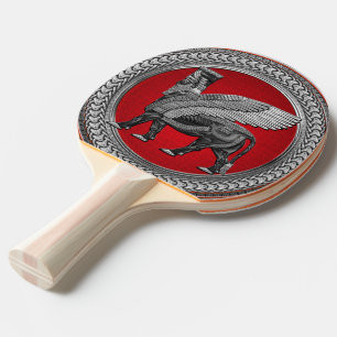[400] Assyrian Winged Bull: Silver & Black Lamassu Ping Pong Paddle