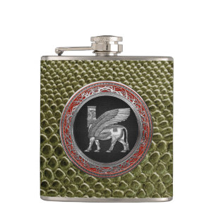 [400] Assyrian Winged Bull - Silver Lamassu Hip Flask