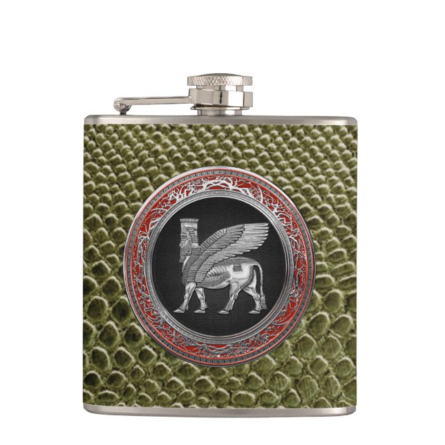 [400] Assyrian Winged Bull - Silver Lamassu Hip Flask (Front)