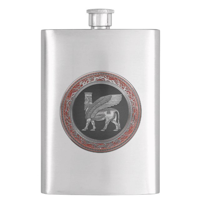[400] Assyrian Winged Bull - Silver Lamassu Hip Flask (Front)