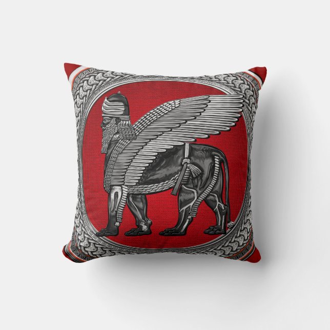 [400] Assyrian Winged Lion: Silver & Black Lamassu Cushion (Front)