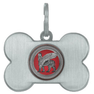 [400] Assyrian Winged Lion: Silver & Black Lamassu Pet ID Tag