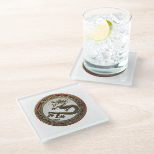 [400] Black and Gold Sacred Eastern Dragon Glass Coaster