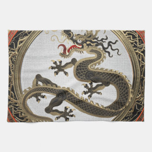 [400] Black and Gold Sacred Eastern Dragon Tea Towel