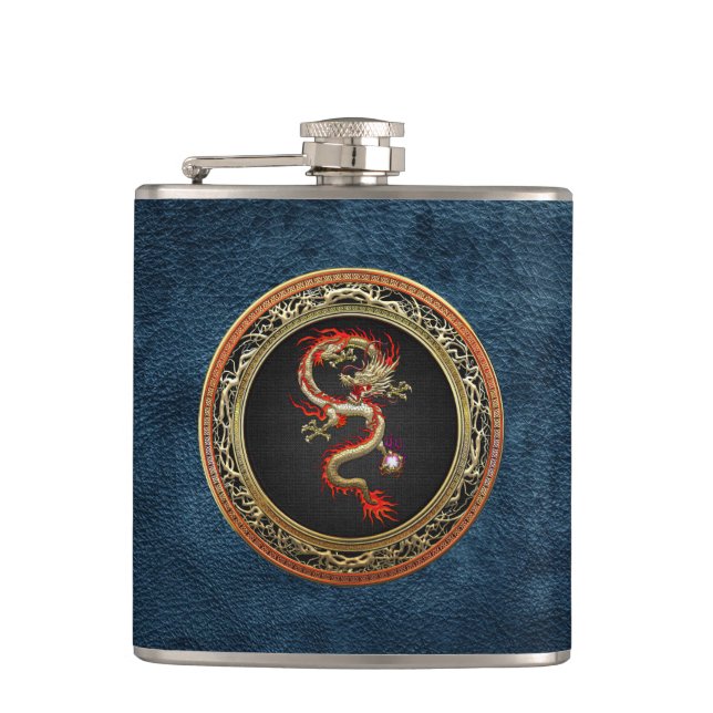 [400] Golden Chinese Dragon Fucanglong Hip Flask (Front)