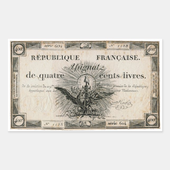 400 Livres French Revolution Assignat Bank Note Rectangular Sticker (Front)