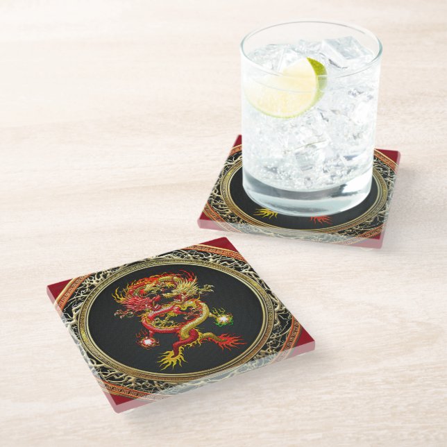 [400] Red and Yellow Dragons Glass Coaster (Angled)