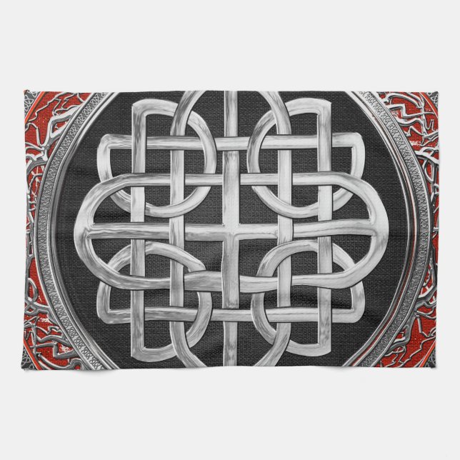 [400] Sacred Celtic Silver Knot Cross Tea Towel (Horizontal)