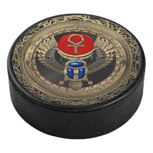 [400] Sacred Gold Egyptian Winged Scarab with Ankh Hockey Puck