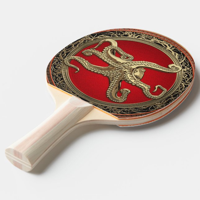 [400] Sacred Gold Octopus in Defensive Posture Ping Pong Paddle (Back Angle)