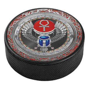 [400] Sacred Silver Egyptian Winged Scarab & Ankh Hockey Puck