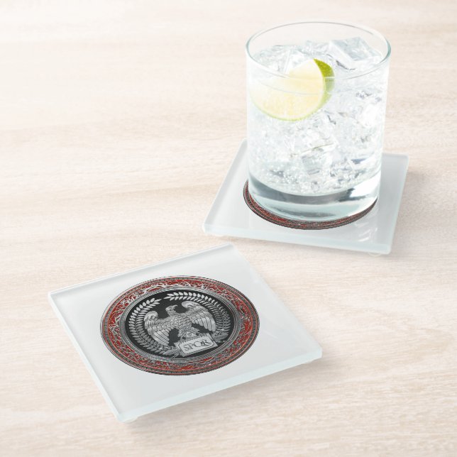 [400] Silver Roman Imperial Eagle Glass Coaster (Angled)