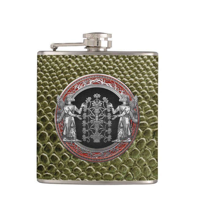[400] Two Silver Ninurtas with Tree of Life Hip Flask (Front)