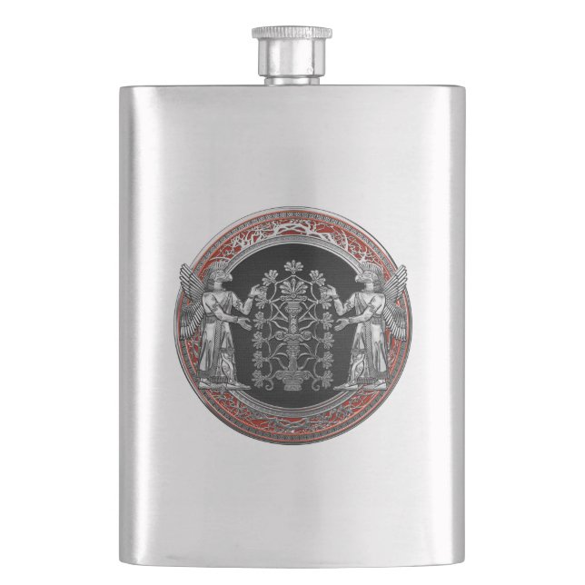 [400] Two Silver Ninurtas with Tree of Life Hip Flask (Front)