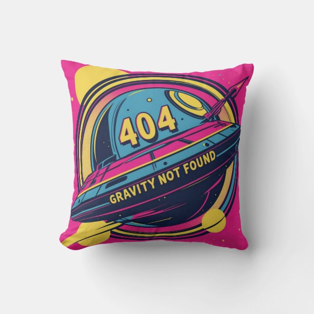 404 Gravity Not Found – Retro Space Pop Art Cushion (Front)