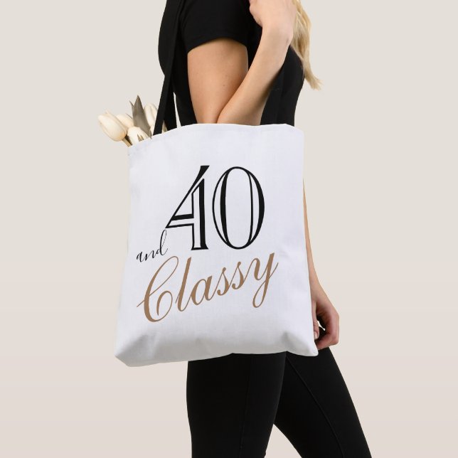 40 and Classy Elegant Black Golden Script Birthday Tote Bag (Close Up)