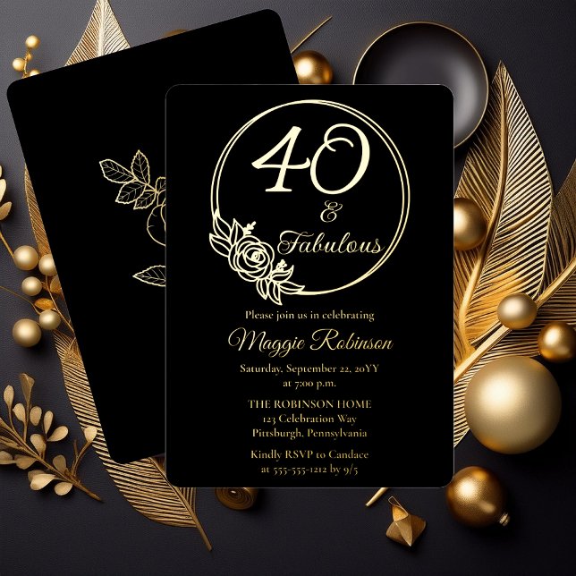 40 and Fabulous 40th Birthday Party Stamped (Simply Elegant Rose Wreath "40 and Fabulous" 40th Birthday Party Black Stamped Gold Foil Invitation )