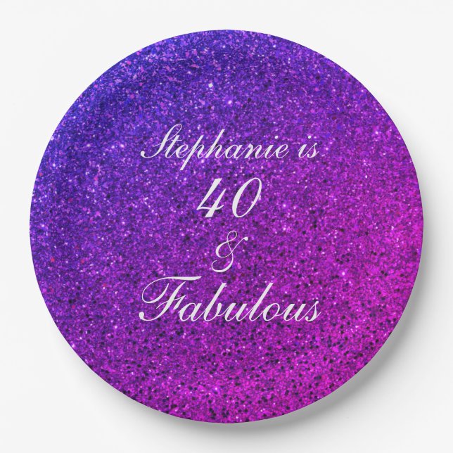 40 And Fabulous Birthday Pink Purple Glitter Ombre Paper Plate (Front)