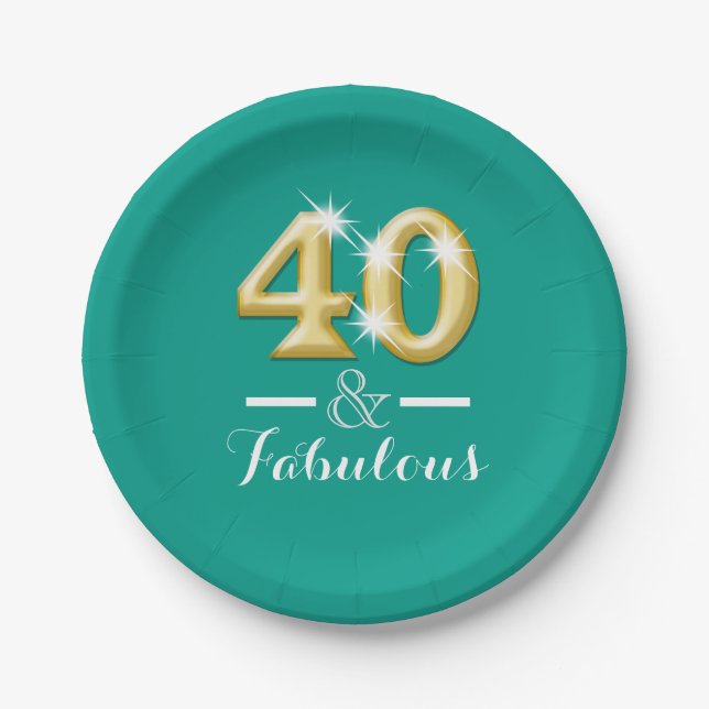 40 and fabulous birthday teal gold paper plate (Front)