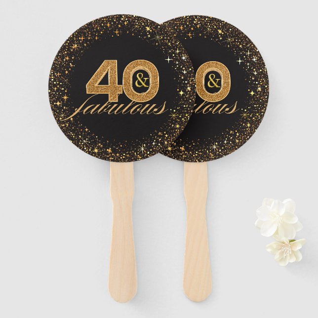 40 and fabulous black gold glitters sparkles chic hand fan (Front and Back)