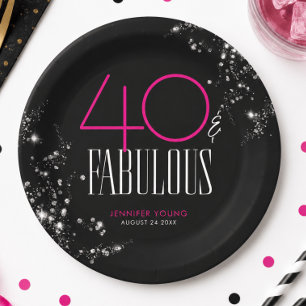 40 and Fabulous Black Pink Glam Sparkle Birthday Paper Plate