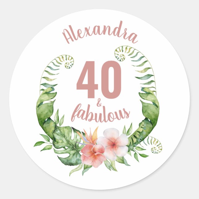 40 and fabulous blush pink modern script name classic round sticker (Front)