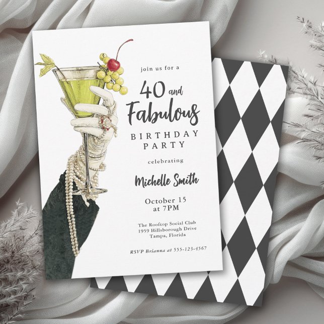 40 and Fabulous Cocktails and Pearls Birthday Invitation (Available in both printed and instant download digital formats.)