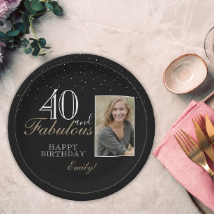 40 and Fabulous Elegant Black 40th Birthday Photo Paper Plate