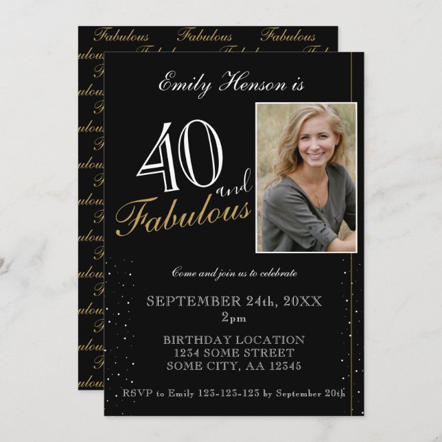 40 and Fabulous Elegant Black Photo Birthday Invitation (Front/Back)