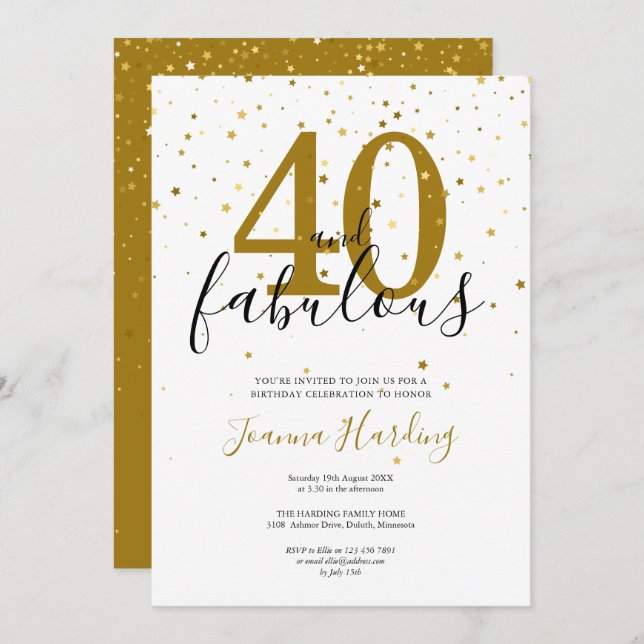 40 and Fabulous Elegant Gold and Black Birthday Invitation (Front/Back)