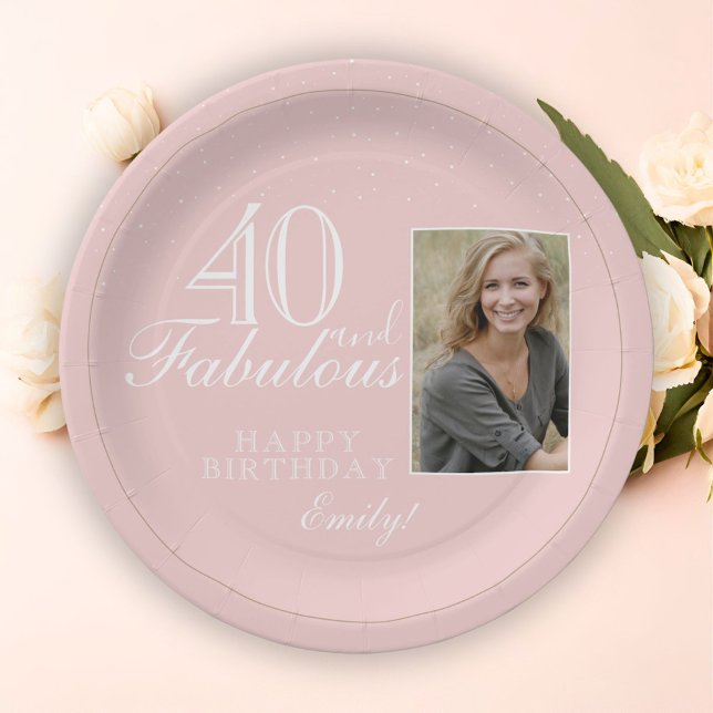 40 and Fabulous Elegant Pink 40th Birthday Photo Paper Plate (Creator Uploaded)