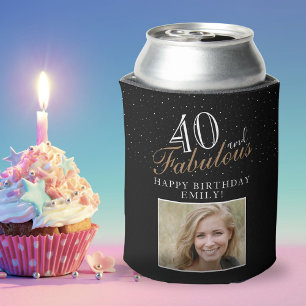 40 and Fabulous Elegant Script Photo 40th Birthday Can Cooler