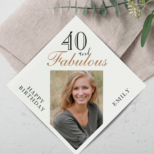 40 and Fabulous Elegant Script Photo 40th Birthday Napkin (Creator Uploaded)