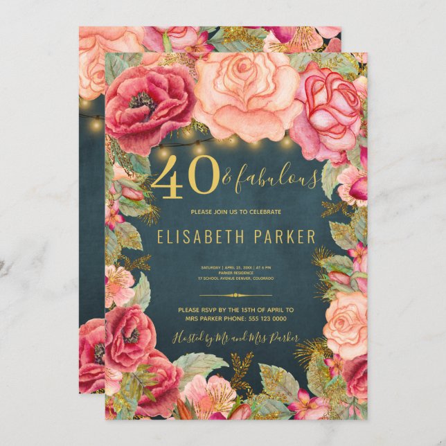 40 and fabulous floral elegant 40th birthday party invitation (Front/Back)