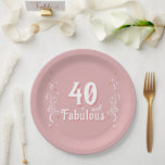 40 and Fabulous Foliage Pink 40th Birthday  Paper Plate<br><div class="desc">40 and Fabulous Foliage Pink 40th Birthday Party Plates. 40 and fabulous text in trendy white script with a name and white foliage on a pink background. Personalise it with your age.</div>