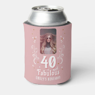 40 and Fabulous Foliage Pink Photo 40th Birthday Can Cooler