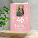 40 and Fabulous Foliage Pink Photo 40th Birthday Card<br><div class="desc">40 and Fabulous Foliage Pink Photo 40th Birthday Card. 40 and fabulous text in trendy white script with a name and white foliage on a pink background. Personalise it with your photo,  your name and the age. Add your text inside the card or erase it.</div>